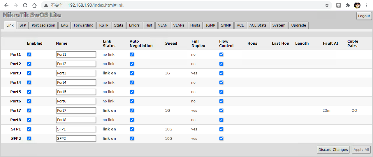 Mikrotik switch 10Gbps link on